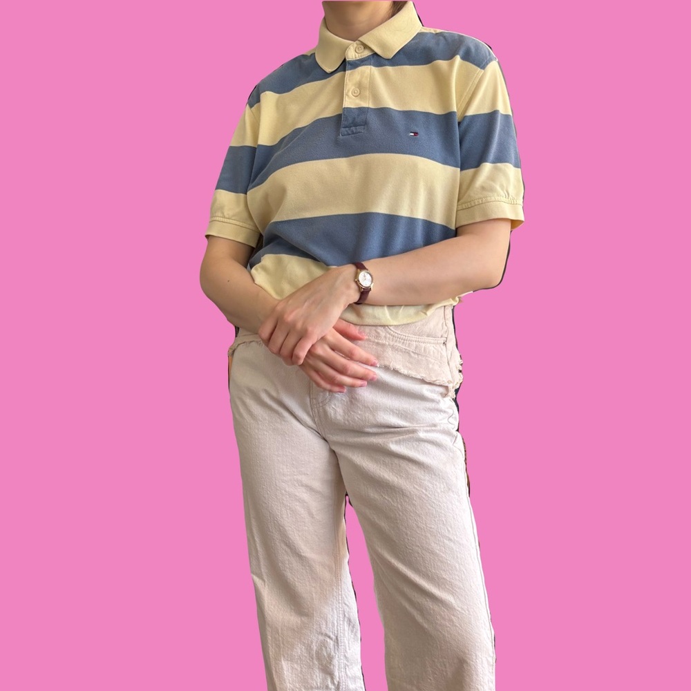 Striped Tommy Hilfiger Polo Shirt in Muted Blue and Yellow